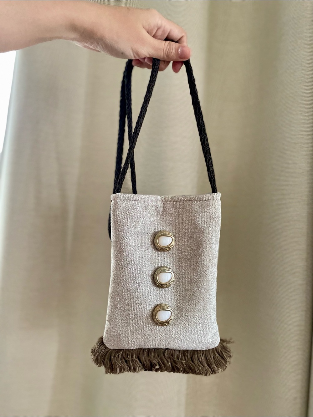 Beige Fringe Crossbody Bag with Gold Button Detail